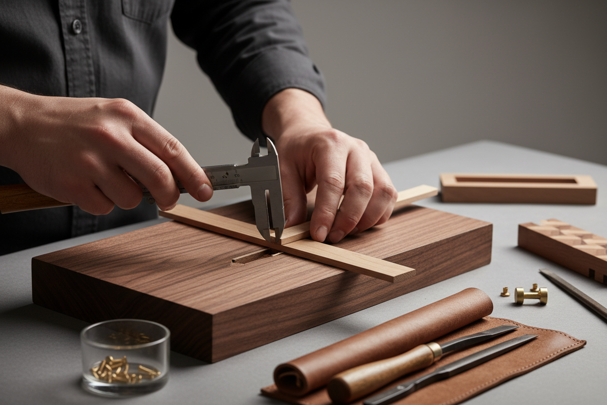 Close-up studio photograph of hands working with natural wood and refined materials, measuring and assembling a custom-designed piece. Soft shadows, neutral background, warm tones, shallow depth of field. Minimal, calm, and design-led aesthetic. No faces, no text, no branding.