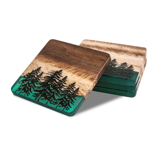 4" Acacia Coaster Set With Translucent and Tree Resin (4-Pcs)