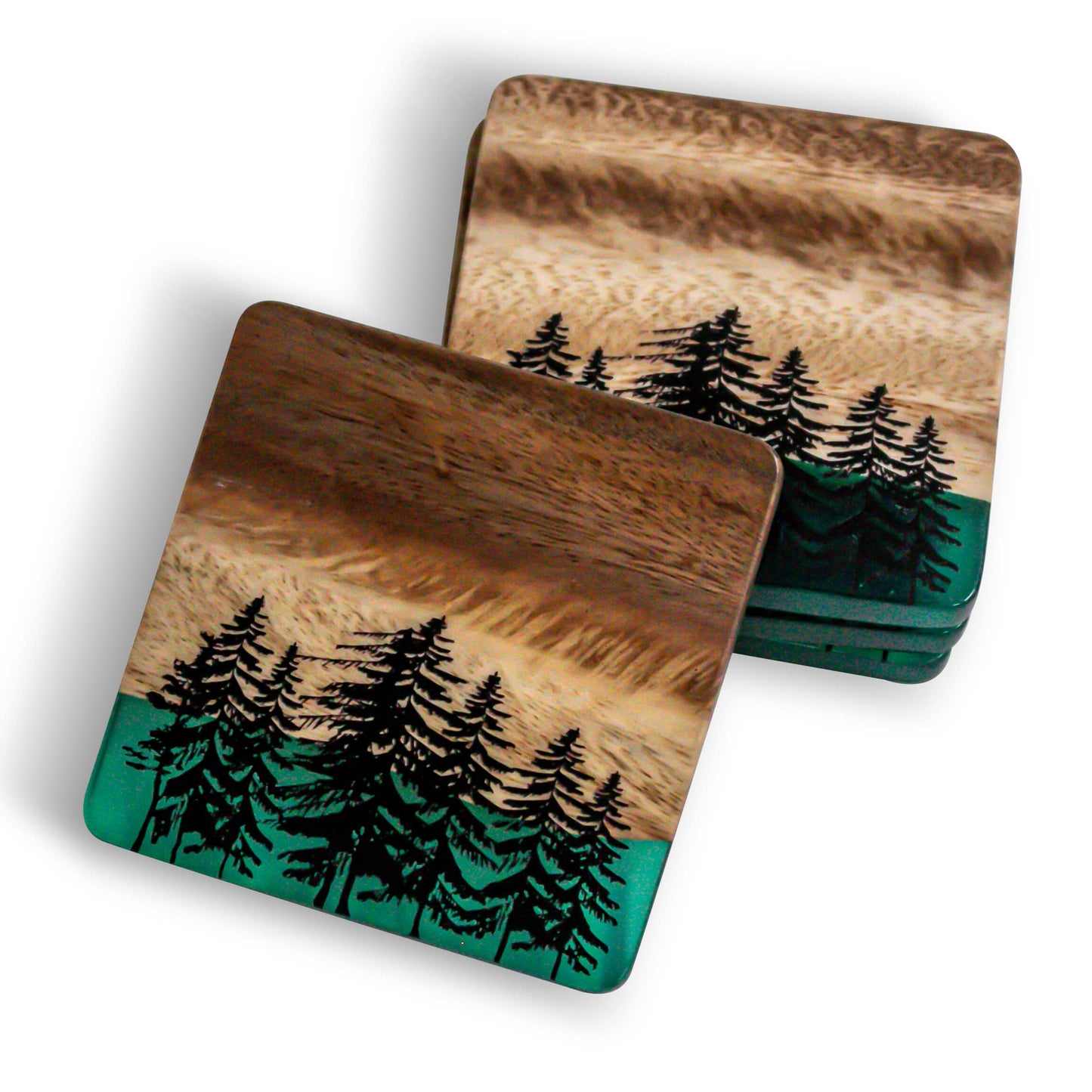 4" Acacia Coaster Set With Translucent and Tree Resin (4-Pcs)